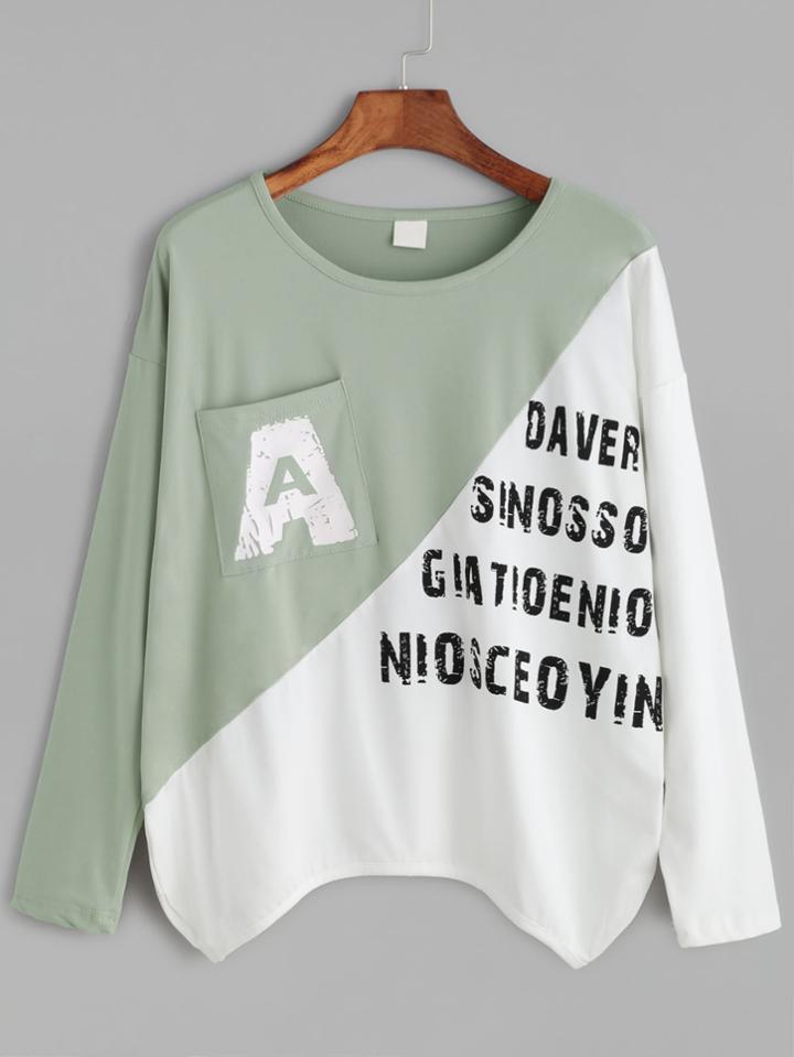 Romwe Contrast Letter Print Dropped Shoulder Seam Pocket T-shirt