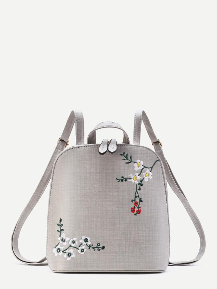 Romwe Plum Blossom Embroidery Pu Backpack