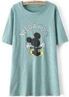 Romwe Mickey Letter Print Green T-shirt