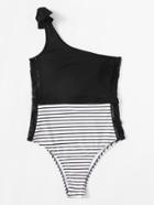 Romwe Lace Insert Striped Swimsuit