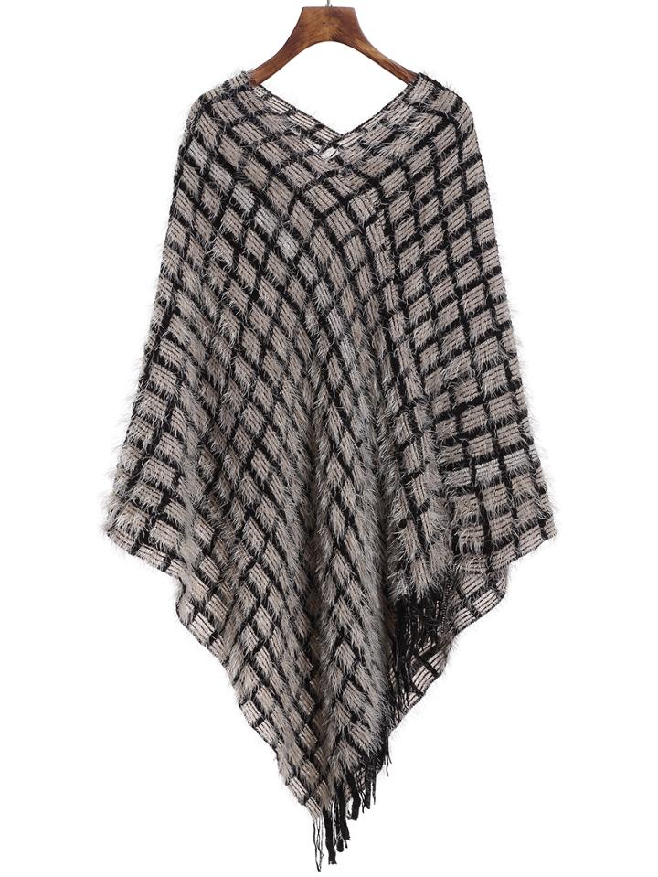 Romwe V Neck Plaid Fringe Long Poncho