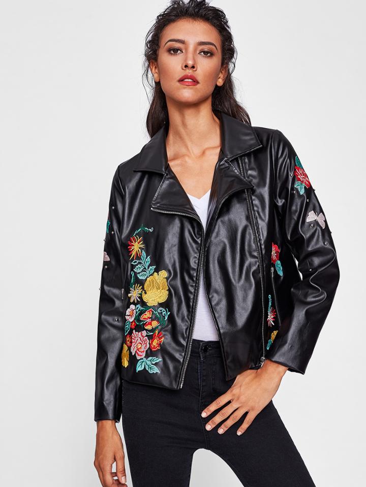 Romwe Flower Embroidered Beaded Asymmetric Zip Biker Jacket