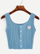 Romwe Blue Contrast Heart Embroidery Knit Crop Top