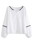 Romwe White V Neck Blouse With Contrast Tape Detail