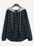 Romwe Plaid Button Pocket Sweatshirt With Contrast Hood