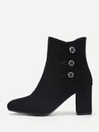 Romwe Side Flower Button Heeled Ankle Boots