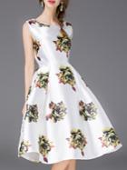 Romwe White Flowers Print A-line Dress