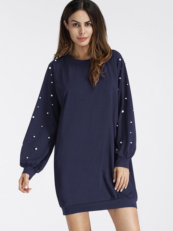 Romwe Pearl Beading Balloon Sleeve Sweatshirt Dress