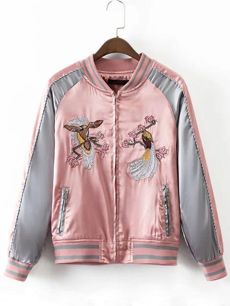 Romwe Pink Crew Neck Embroidery Pocket Jacket