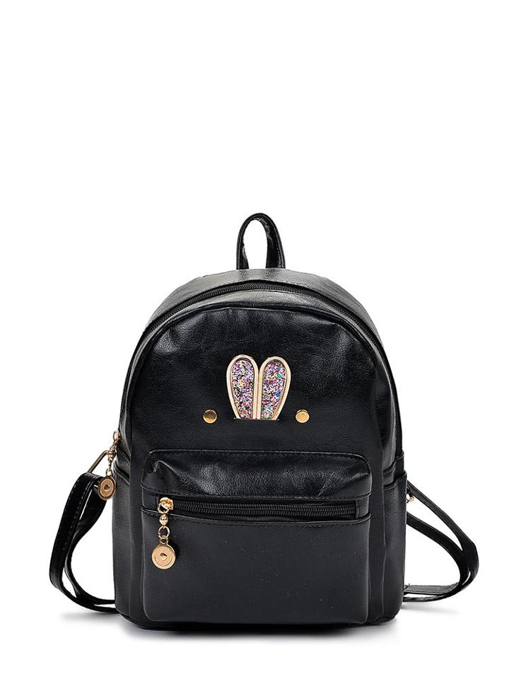 Romwe Glitter Ear Detail Zipper Front Pu Backpack
