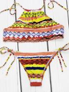 Romwe Geometric Print Side Tie Halter Bikini Set