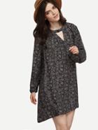 Romwe Black Retro Flower Print Keyhole Chiffon Dress