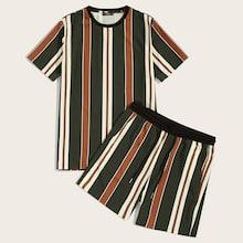 Romwe Guys Striped Top & Drawstring Waist Shorts Set