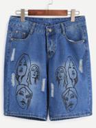 Romwe Blue Print Ripped Denim Shorts