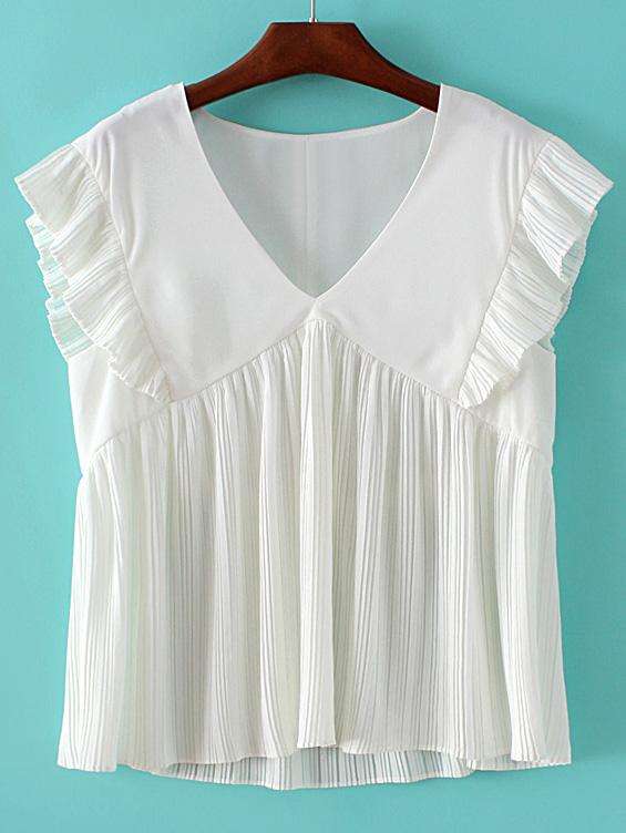 Romwe White V Neck Ruffle Cuff Pleated Chiffon Blouse