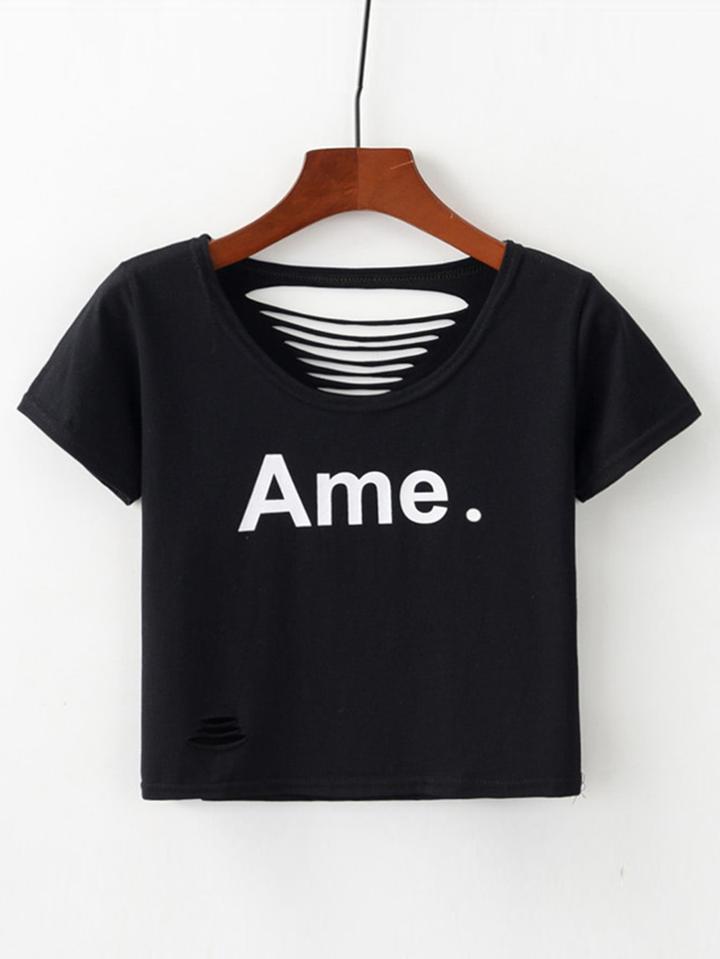 Romwe Letter Print Cut Out Back Tee