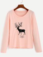 Romwe Pink Elk Print Long Sleeve T-shirt