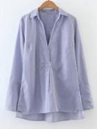 Romwe Blue Striped Deep V Neck Dip Hem Blouse