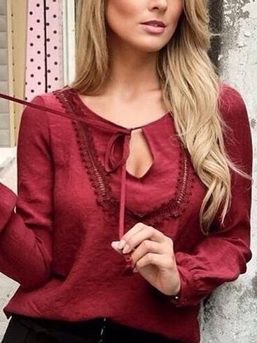 Romwe Long Sleeve Lace Up Keyhole Blouse
