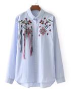 Romwe Embroidered Dip Hem Striped Blouse