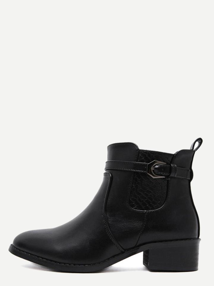Romwe Black Pu Buckle Strap Snakeskin Embellished Jodhpur Boots