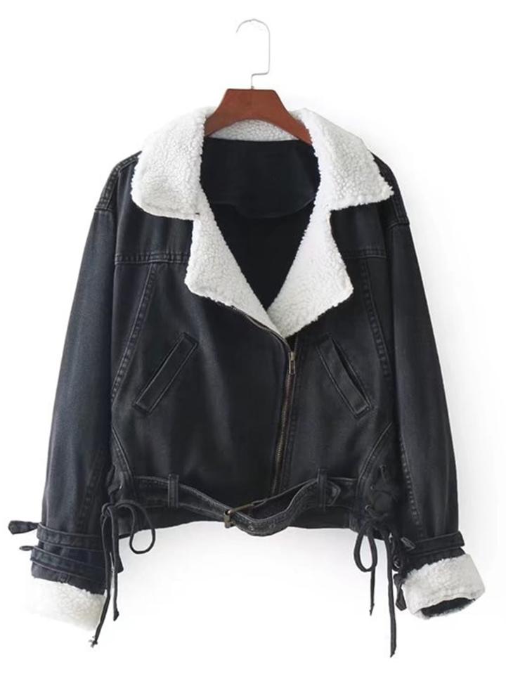 Romwe Contrast Sherpa Collar Denim Biker Jacket