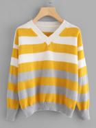 Romwe V Neckline Contrast Striped Sweater