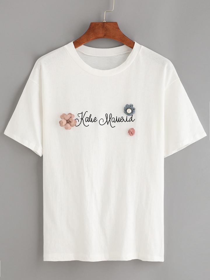 Romwe White Flower Applique Embroidered T-shirt