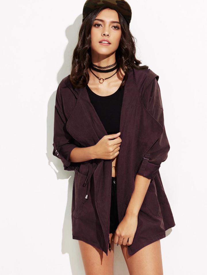 Romwe Roll-up Sleeve Drawstring Hooded Coat