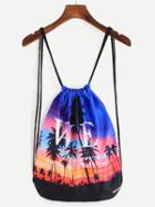 Romwe Blue Beach Print Drawstring Backpack