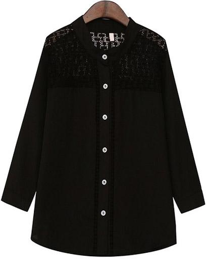 Romwe Lace Paneled Hollow Black Blouse