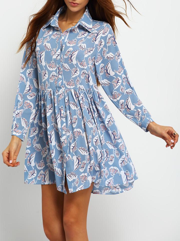 Romwe Leaves Print Shirt Chiffon Dress