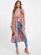 Romwe Flower Embroidery Patch Belted Waterfall Coat