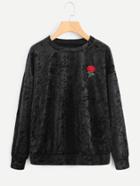 Romwe Velvet Rose Embroidered Patch Sweatshirt