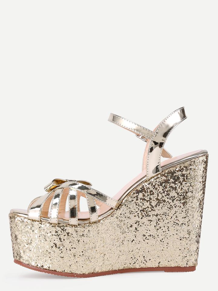 Romwe Gold Bow-tie Open Toe Wedge Sandals