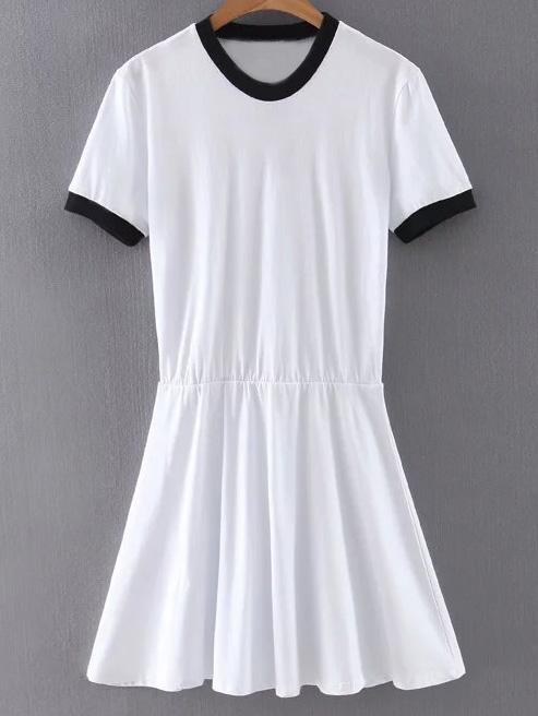 Romwe White Contrast Round Neck Knit Skater Dress