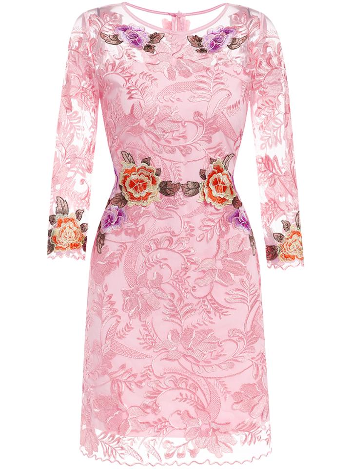 Romwe Pink Round Neck Long Sleeve Embroidered Dress