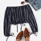Romwe Striped Drawstring Hem Off The Shoulder Blouse