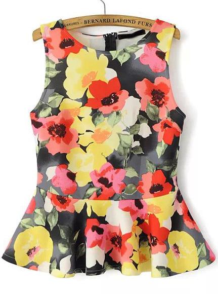 Romwe Multicolor Sleeveless Floral Ruffle Blouse