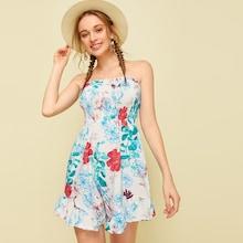Romwe Floral Print Shirred Ruffle Hem Tube Playsuit