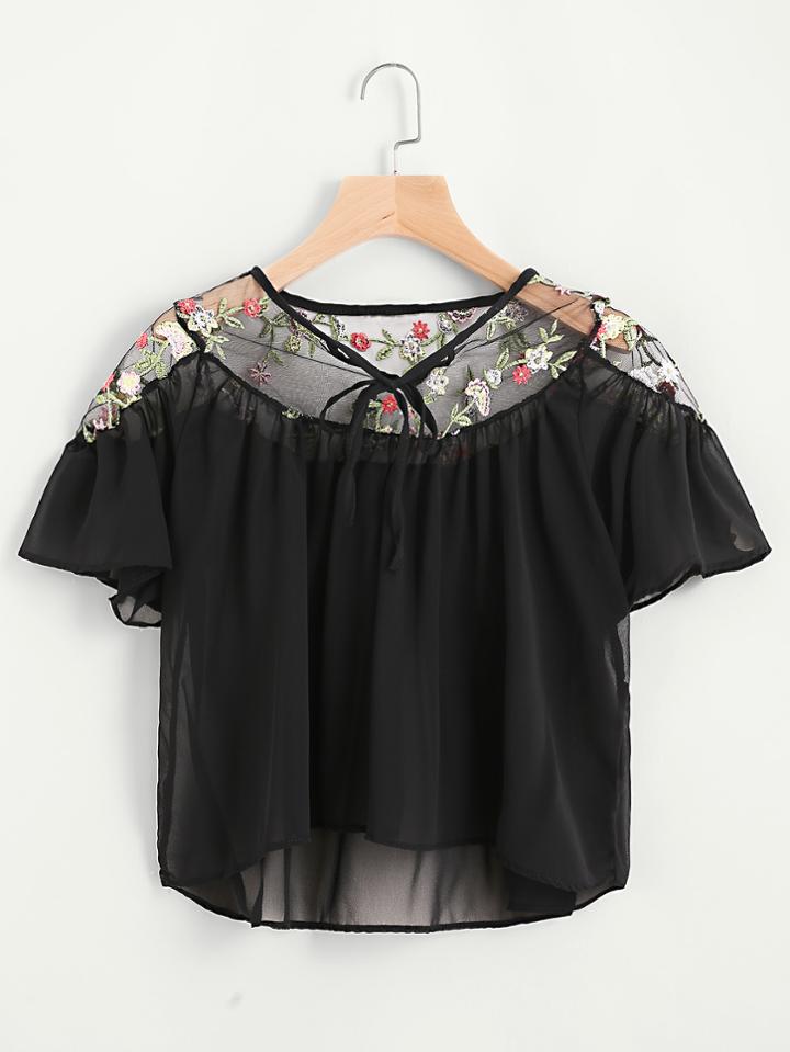 Romwe Embroidered Lace Insert Tie Neck Dip Hem Blouse