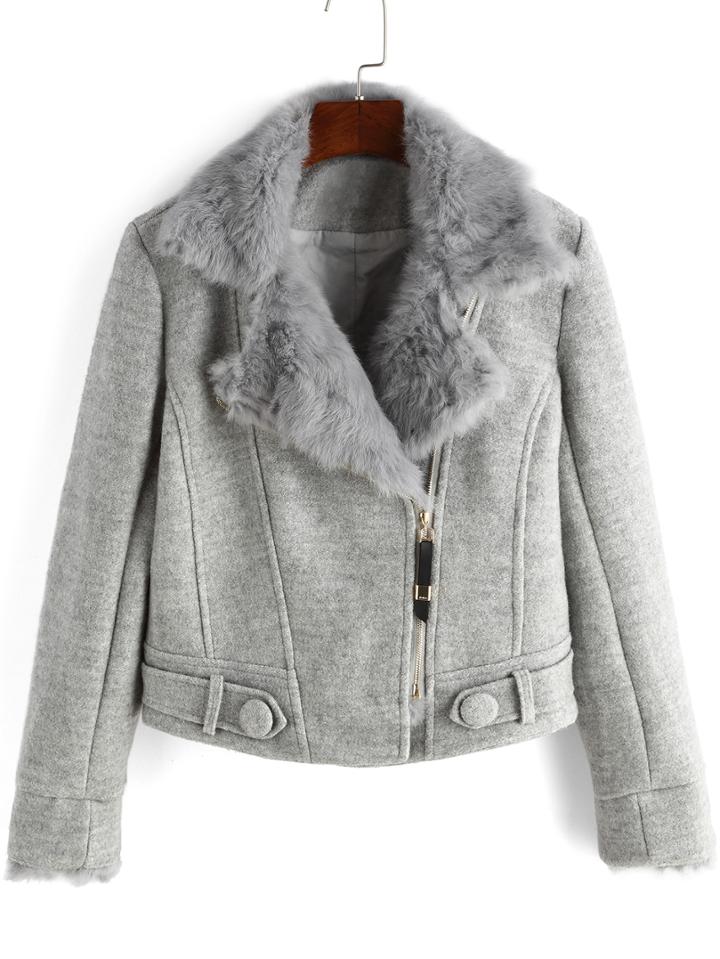 Romwe Faux Fur Lapel Zipper Slim Grey Coat