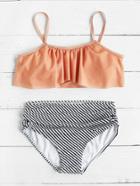 Romwe Striped Print Mix & Match Flounce Bikini Set