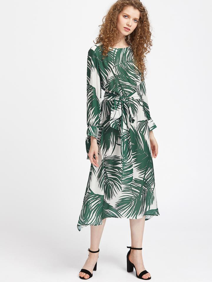 Romwe Tropical Print Tie Cuff Tea Length Dress With Self Tie