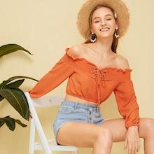 Romwe Shirred Lace Up Grommet Crop Blouse