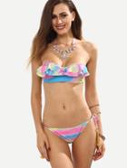 Romwe Ruffled Pastel Tie Dye Print Bandeau Bikini - Multicolor