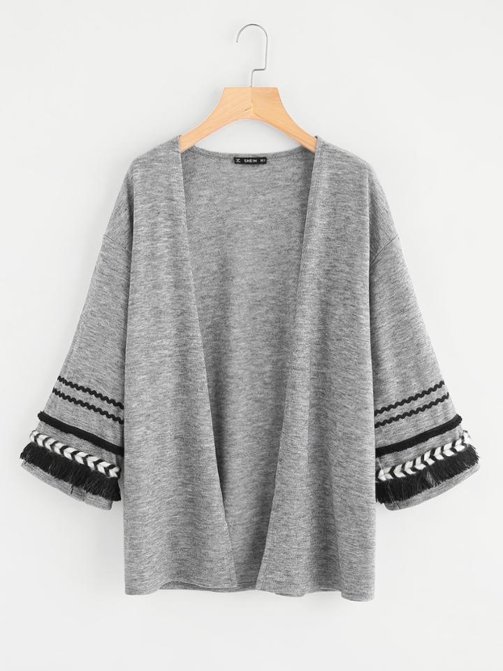 Romwe Chevron And Embroidered Tape Patch Fringe Cuff Coat