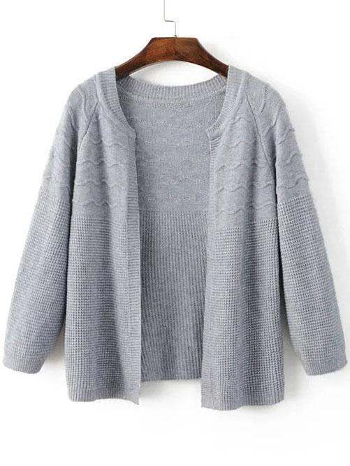 Romwe Grey Raglan Sleeve Loose Fit Textured Sweater Coat