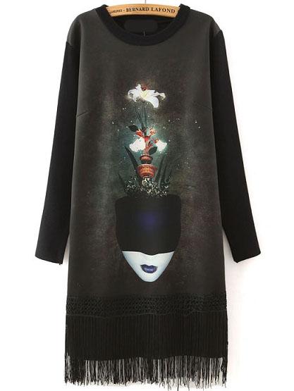 Romwe Flower Print Tassel Straight Dress