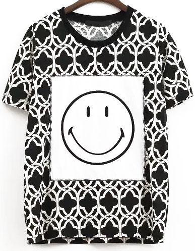 Romwe Contrast Smiley Face Pattern Flower Print T-shirt